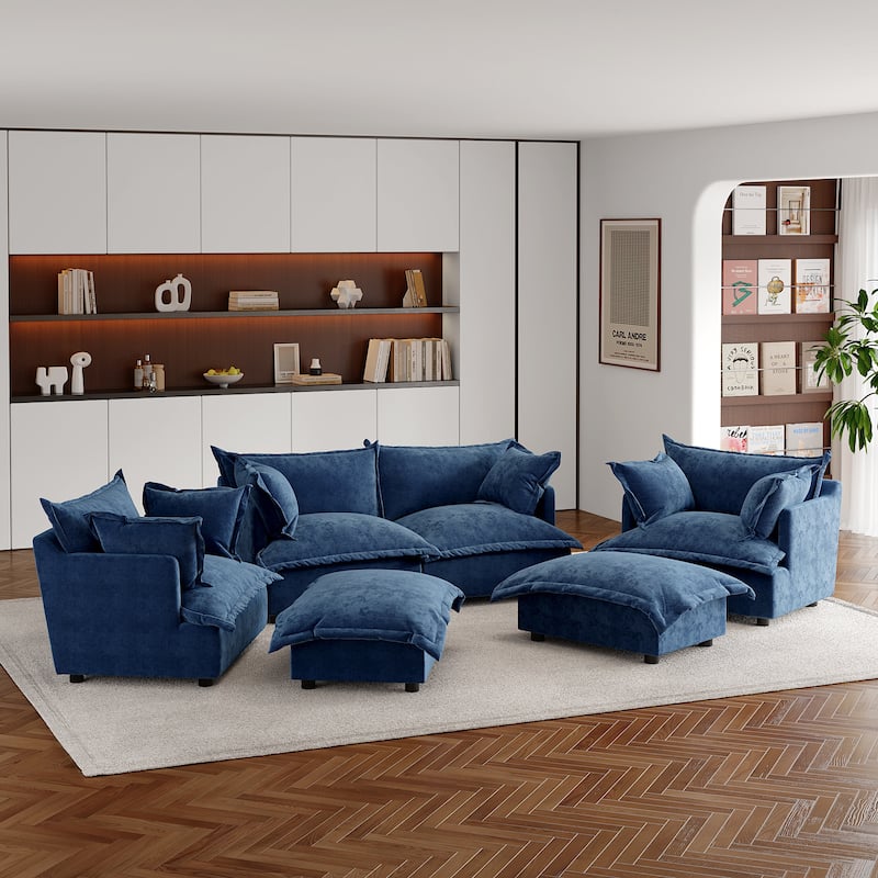 Double Layer Cushion Comfy Cloud Modular Sectional Sofa Set - 6 piece-Navy - Symmetrical