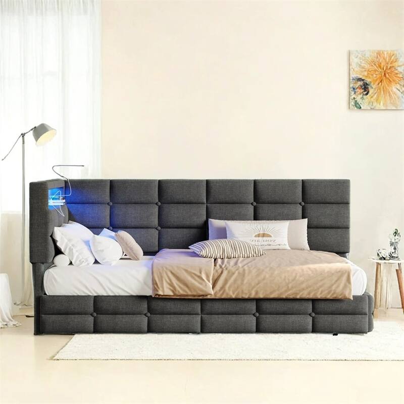Upholstered Twin Size Daybed w/Storage 2 Drawers and Charging Station