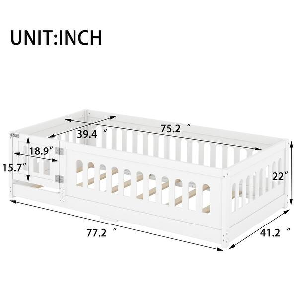 Twin Size Floor Bed with Slats, Solid Wood Bedframe with Heightened Safety Guardrails and Door