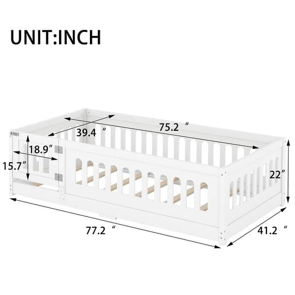 dimension image slide 0 of 8, White Bed Frame Montessori Bed Twin Size Toddler Floor Bed with Guardrails and Door for Children Boys Girls Kids Playroom