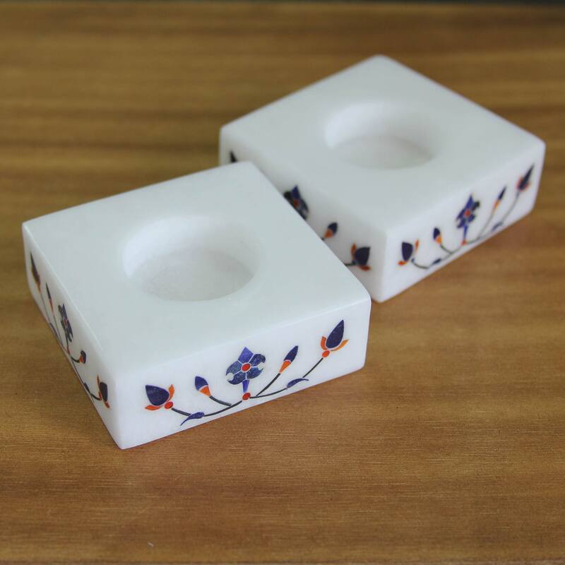 Novica Handmade Blooming Buds In Blue Marble Tealight Holders (Pair)