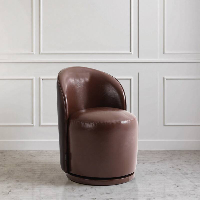 Modern Armless 360-Degree Swivel Dining Chair Barrel Chair - SINGLE - RED BROWN LEATHER