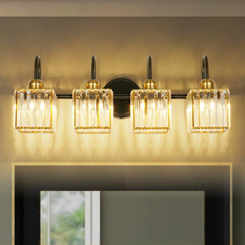 3/4-Light Mid-Century Modern Black and Gold Bathroom Vanity Light Cylinder Crystal Wall Sconces Lighting