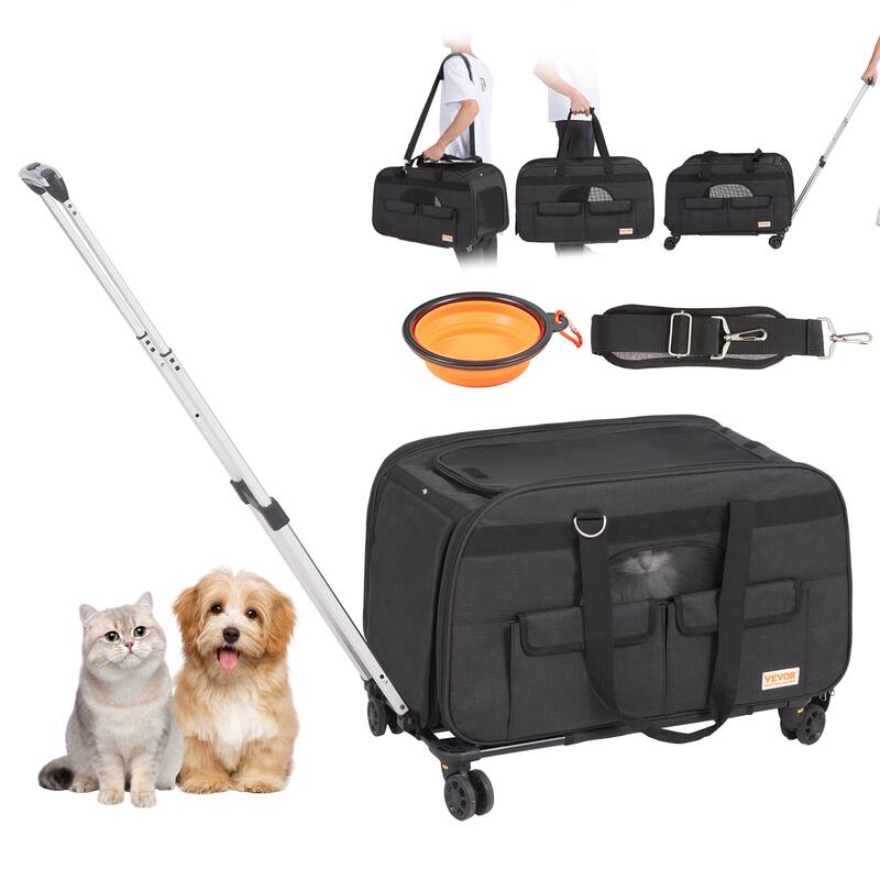 VEVOR Cat Carrier with Wheels Rolling Pet Carrier with Telescopic Handle and Shoulder Strap - 0-35LBS