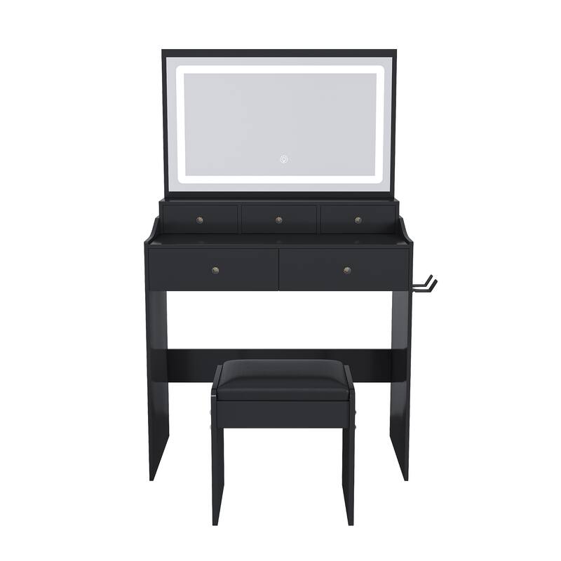 Anmytek LED Lighted 5 Drawers Vanity Desk Black Makeup Dressing Table with Power Outlet and Hair Dryer Holder