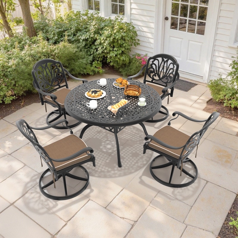 5-Piece Aluminum Round Outdoor Patio Dining Set, 4 Cushioned Swivel Chairs, Table, All-Weather Frames