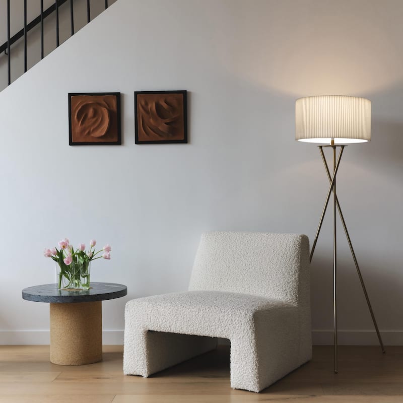 Brightech Jaxon 60 in. Antique Brass Tripod Super Bright LED Midcentury Modern Floor Lamp with White Fabric Drum Shade