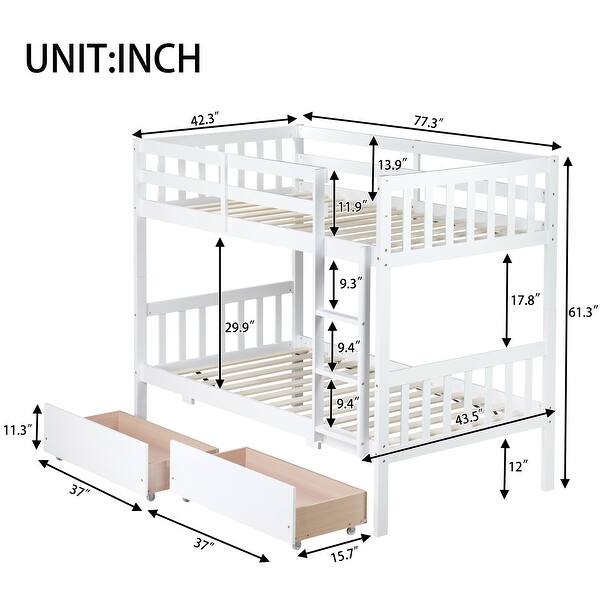 dimension image slide 5 of 6, Rubber Wood Bunk Bed Frame with 2 Drawers,Convertible into 2 Beds
