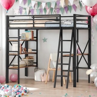 Twin Size Metal Loft Bed with Shelves and Desk, Space-saving, Black
