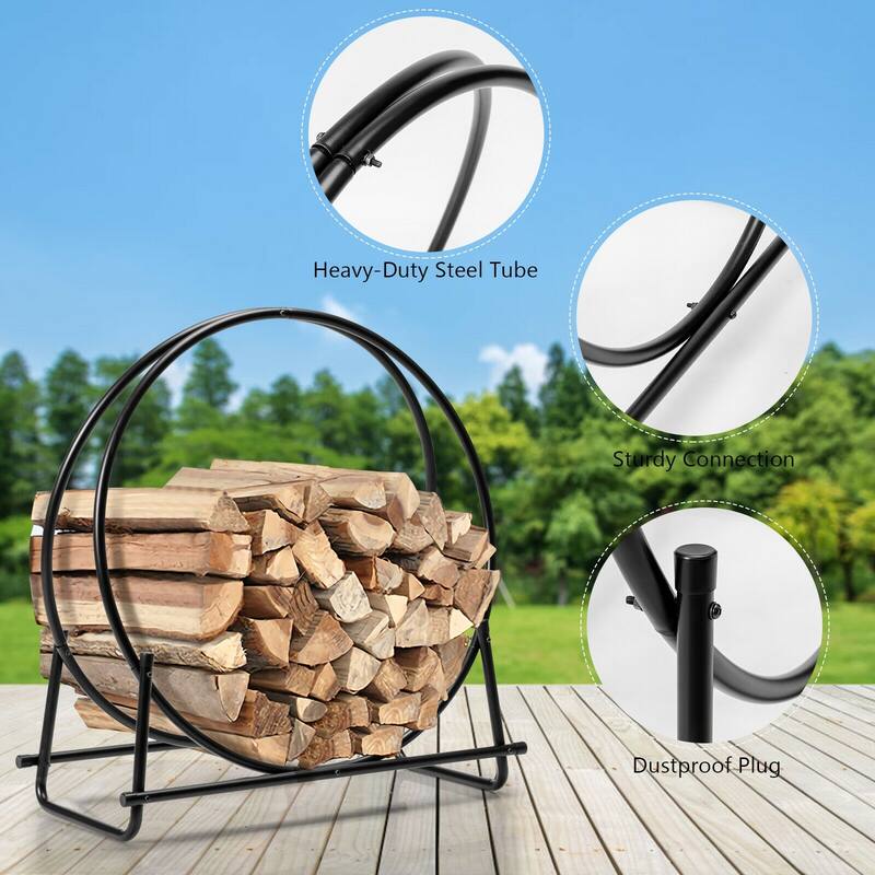 30" Black Freestanding Powder Coated Steel Firewood Rack with W-Base Support for Patio - 30" x 14" x 32.5" (L x W x H)
