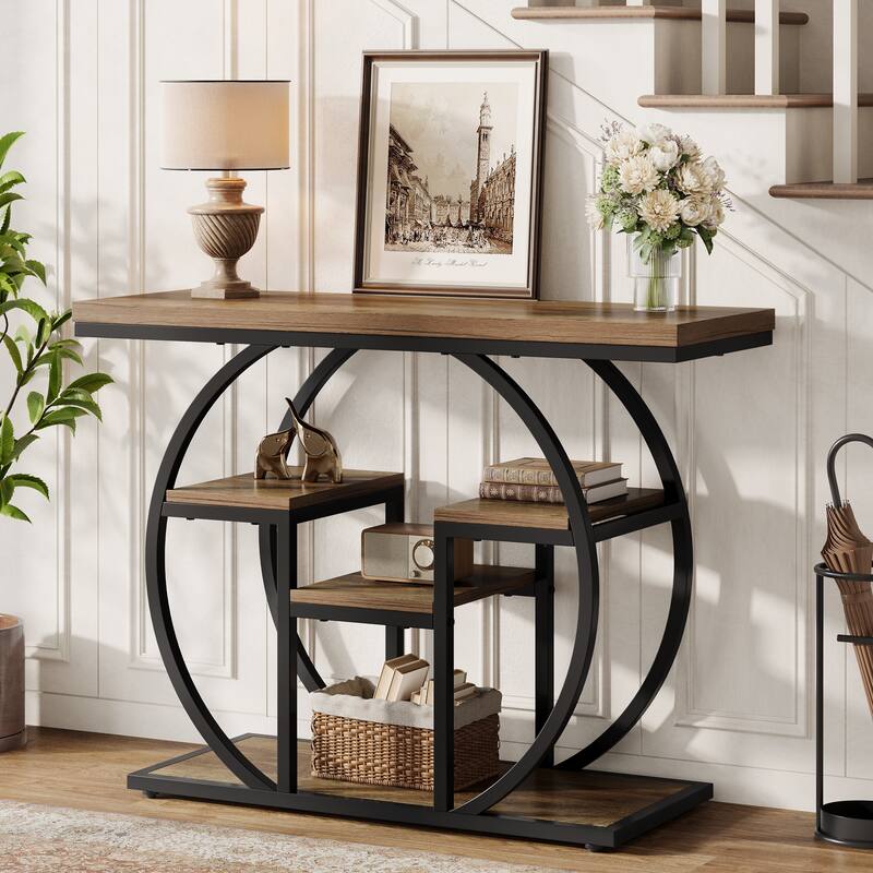 41.3" Console Sofa Table with Storage Shelves, 4-Tier Wood Accent Table for Entryway, Living Room, Hallway, Foyer - Brown+Black