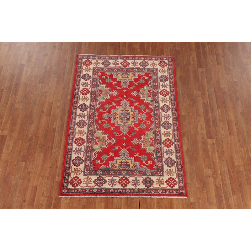 Kazak Oriental Area Rug Hand-Knotted Bedroom Red Wool Carpet - 4'2" x 6'0"