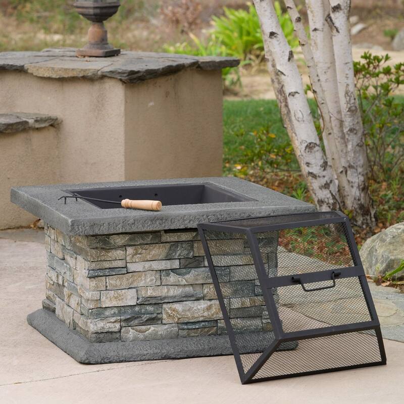 29 in. W x 17.1 in. H Stone Square Wood-Burning Outdoor Fire Pit in Gray