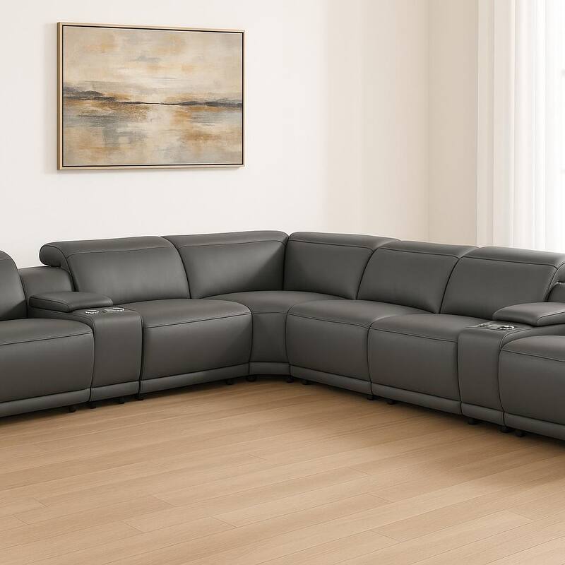 HomeRoots Gray Italian Leather Modular L Shaped Eight Piece Corner Sectional With Console - Reversible - Gray