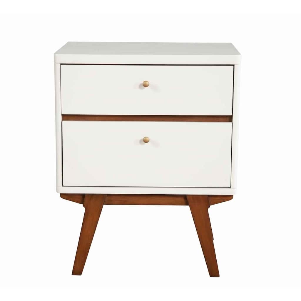 White/Brown 2 Drawer 21 in. W Nightstand with Angled Legs
