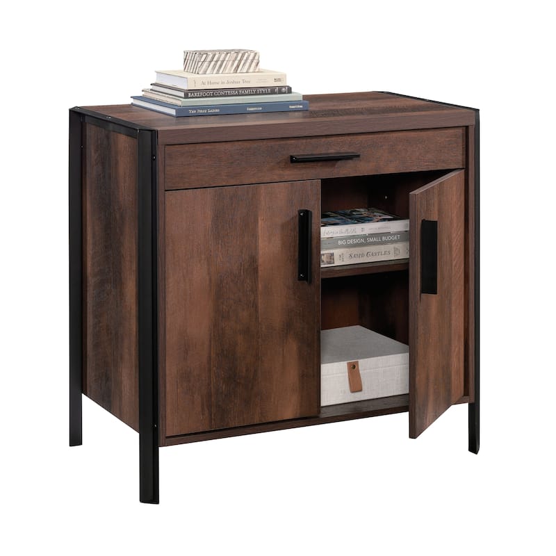 Wood Modern Library Base with Two-Door Cabinet and Drawner, Brown