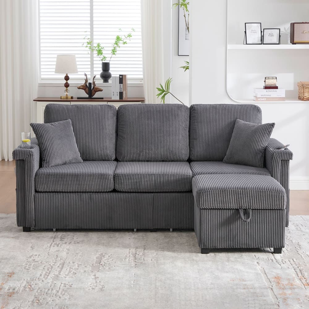 HOMEFUN Corduroy Upholstered L-shaped Pull-Out Storage Sectional Sofa with Storage Ottoman,USB Charging,Cup Holder