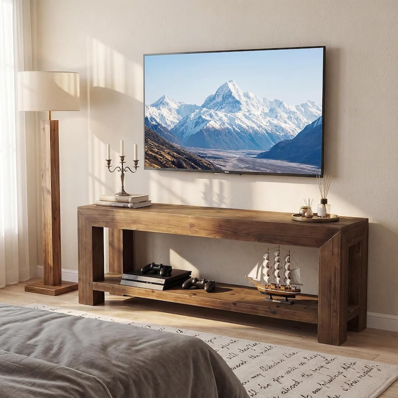 63" Solid Wood TV Stand for TVs up to 75'', 2-Tier TV Console Entertainment Center with Open Storage Shelves