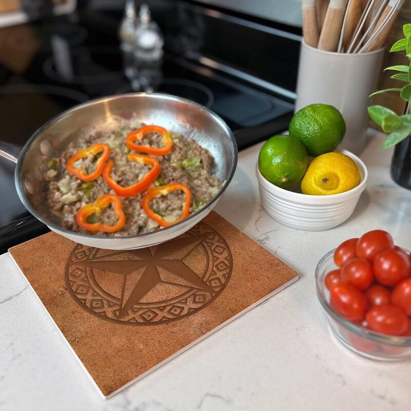 Leather Lonestar Decorative Heat Tolerant Stone Trivet with Non-Skid Cork Backing 8” Square Artistic, Durable, Wipes Clean