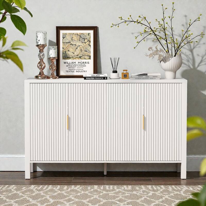 57.5" Modern Stripe Door Storage Cabinet with 4 Doors, Adjustable Shelves, Back-of-Door Racks & Side Hooks - White