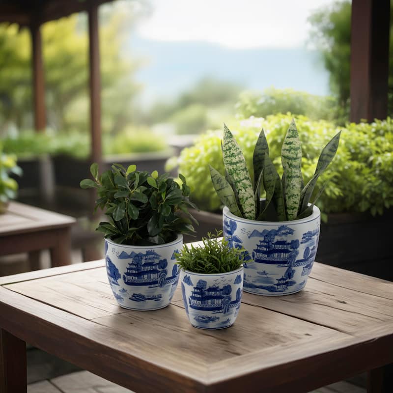 Set of 3 Ceramic Planters Contemporary Vintage Style Blue and White Planters with Chinoiserie Style Design for Home or - Chinoiserie Blue White