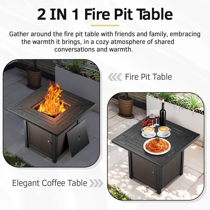 5 Pieces Patio Swivel Chair with Fire Pit Table - Grey Cushion - Brown