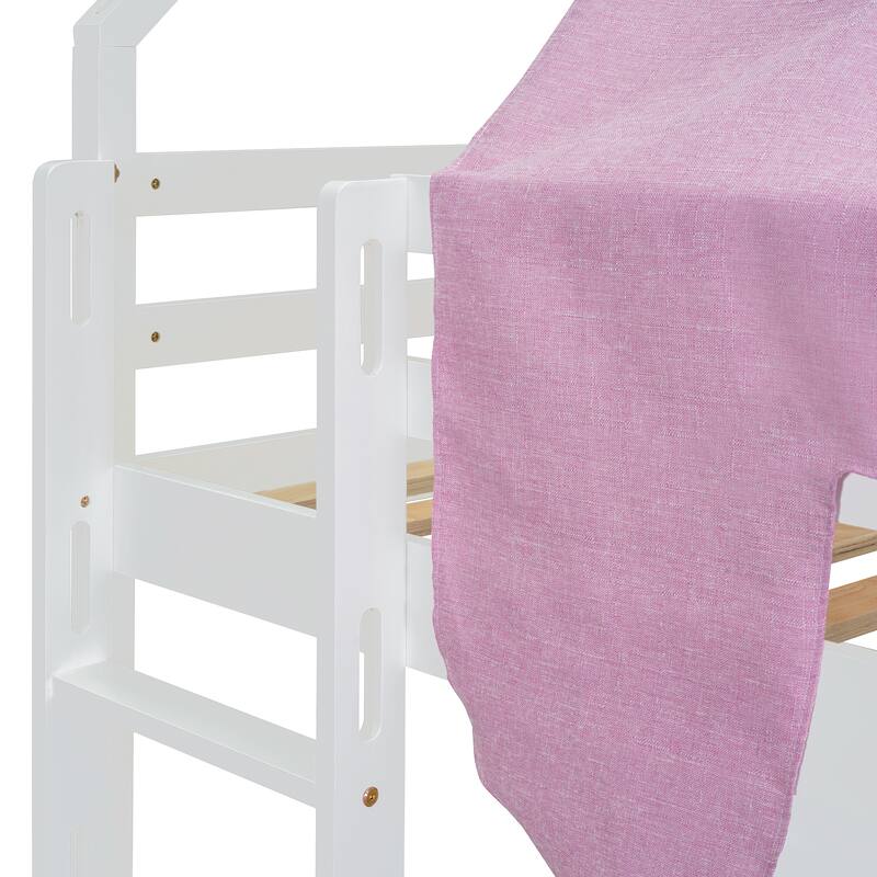 Twin Size Wooden Loft Bed with House-Shaped Frame, Tent, Slide, and Storage, White and Pink