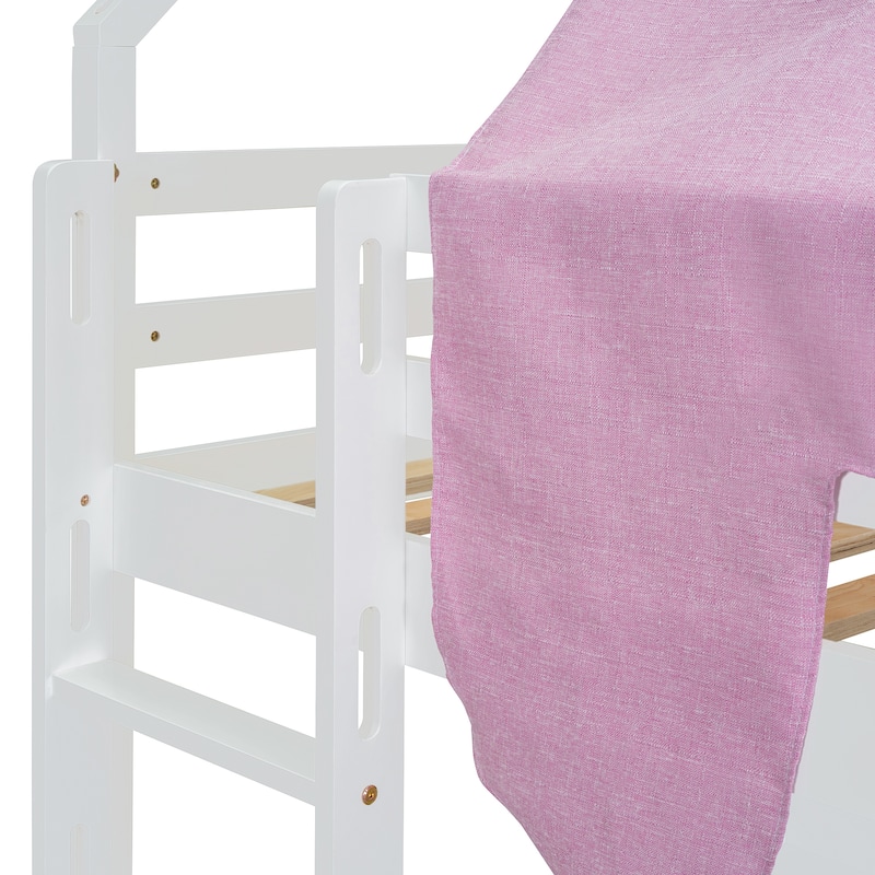 Twin size Wooden Loft Bed House-shaped Frame with a Tent, White+Pink