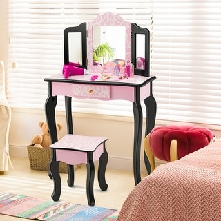 Kid Vanity Set Wooden Makeup Table Stool Tri-Folding Mirror Leopard