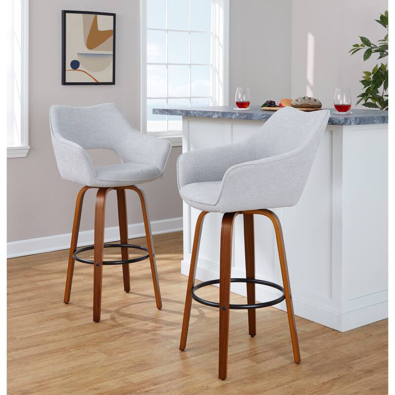 Porch & Den Mac 30" Fixed-Height Upholstered Bar Stool with Bent Wood Legs & Round Footrest (Set of 2)