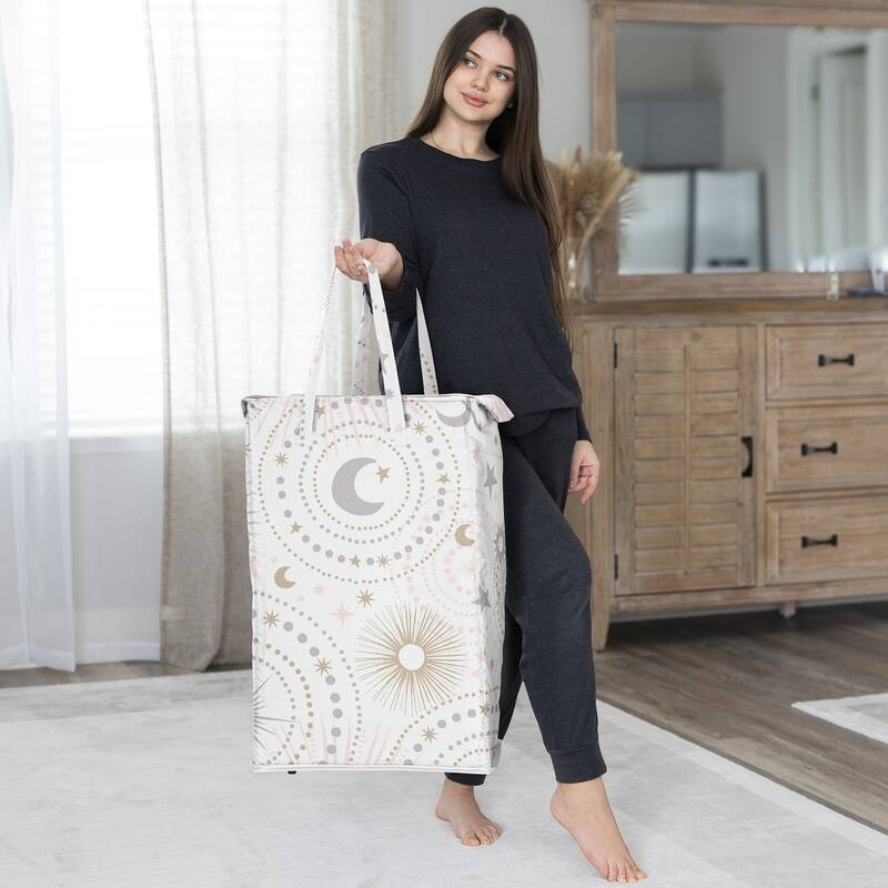 Sweet Jojo Designs Blush Pink Gold Star Moon Girl Foldable Laundry Hamper with Handles Grey Celestial Sky Stars Gray Shabby Chic