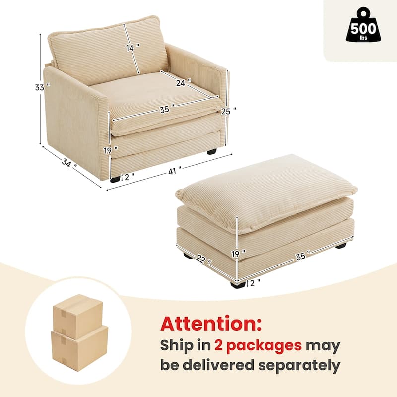 Oversized Corduroy Armchair with Plush Cushions and Movable Ottoman