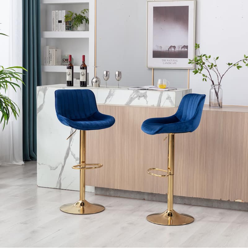 Velvet Bar Stools Set of 2, Swivel Bar Stools with Adjustable Height, Kitchen Island Stools with Footrest and Golden Leg
