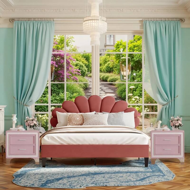 3-Pieces Bedroom Sets, Upholstered Platform Bed with Flower Pattern Velvet Headboard ,and Two Nightstands with 2 Drawers - Bean paste red+Pink - Queen