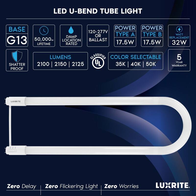 Luxrite U Bend LED Tube Light, T8 T12, 17.5W, 3 CCT, 2100 Lumens Direct or Ballast Bypass UL Listed G13 Base 6-Pack