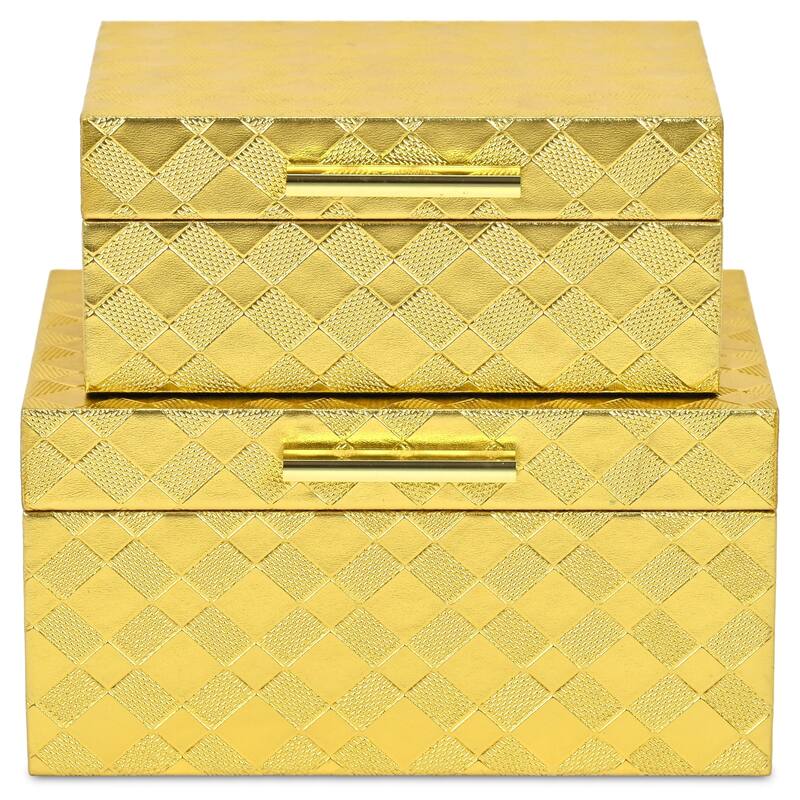 Zuleika Set of 2 Rectangular Decorative Storage Boxes - Gold Checkered Diamond Pattern - N/A