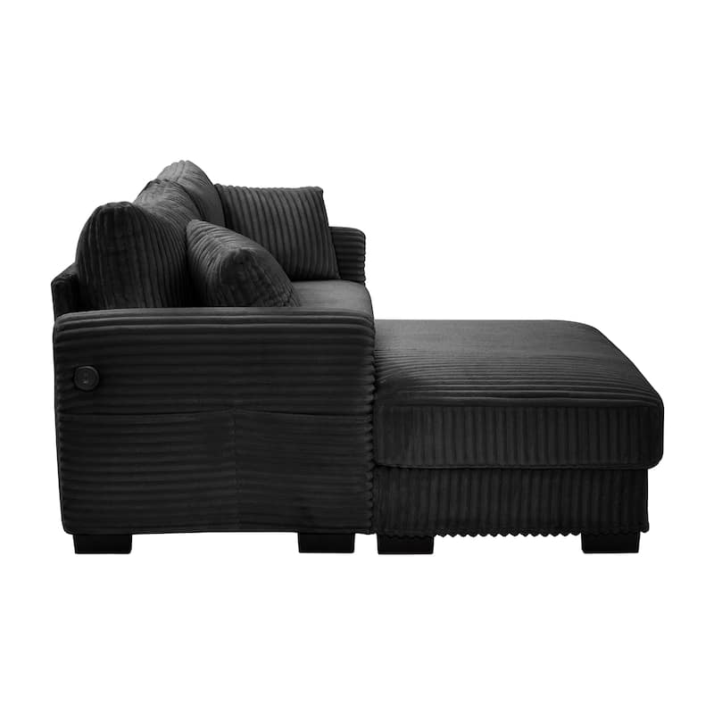 L-Shaped Sofa, 2 Seater Modular Sectional Sofa with Convertible Chaise, USB Ports, Corduroy Couch with Oversized Side Pocket