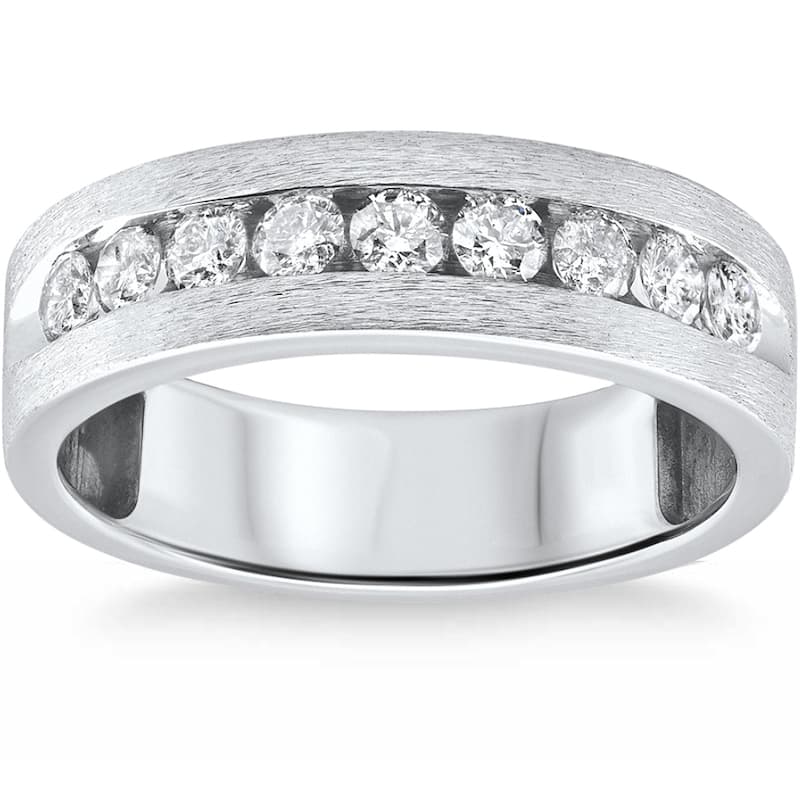 3/4ct Mens Diamond Channel Set 7mm Brushed Wedding Ring White Gold
