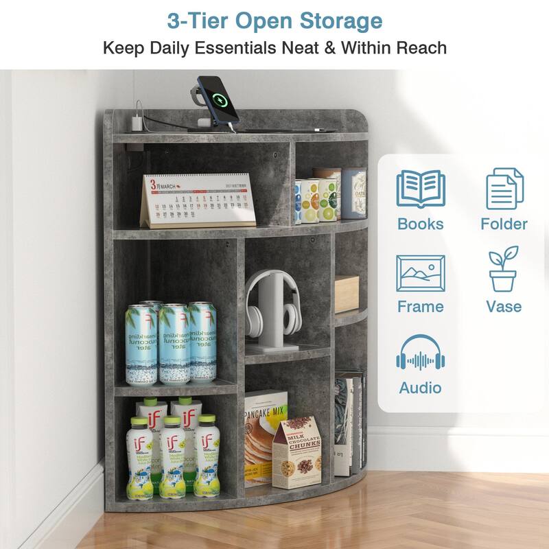 VECELO 4-Tier Adjustable Corner Bookshelf with Charging Station 3 AC Outlets & 2 USB Ports Waterproof Eco-Friendly Design