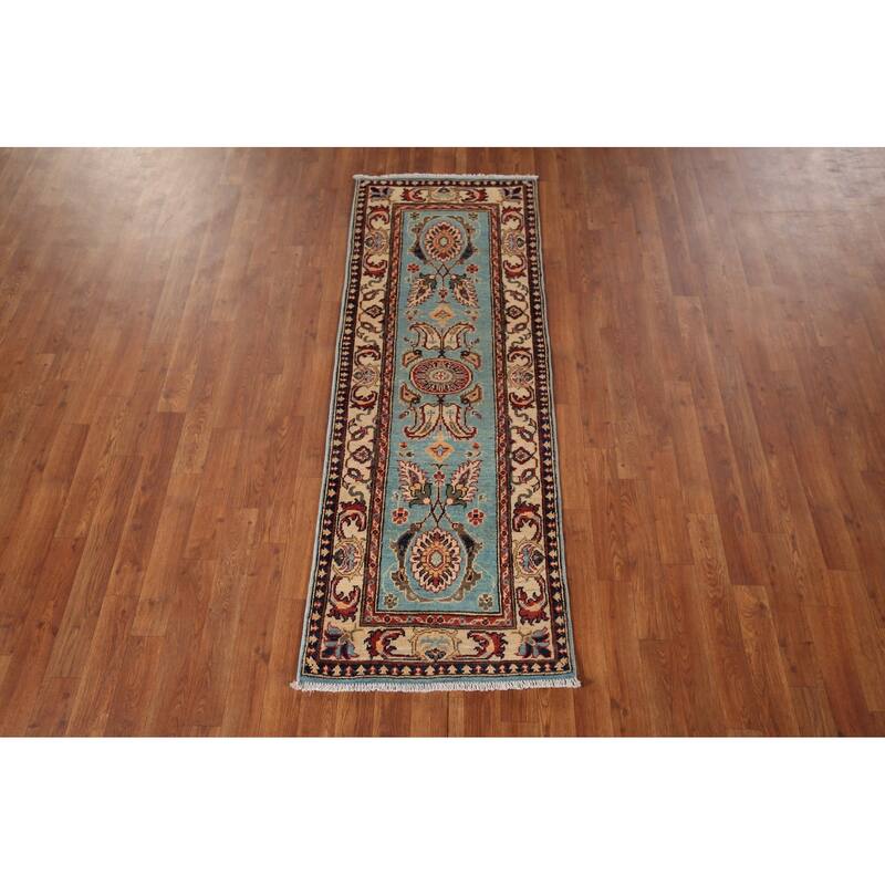 Light Blue Floral Kazak Oriental Runner Rug Hand-Knotted Wool Carpet - 2'1" x 5'11"