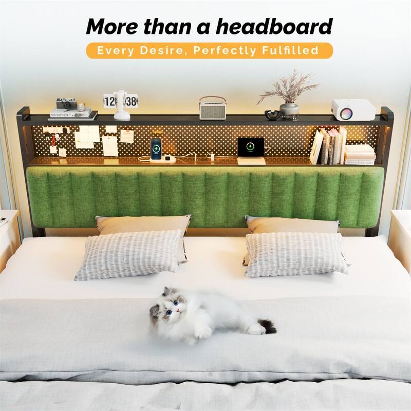 Adjustable Upholstered Headboard with 2 Tier Shelves with Charging Stations and LED Lights, Modern Bed Headboard with Storage