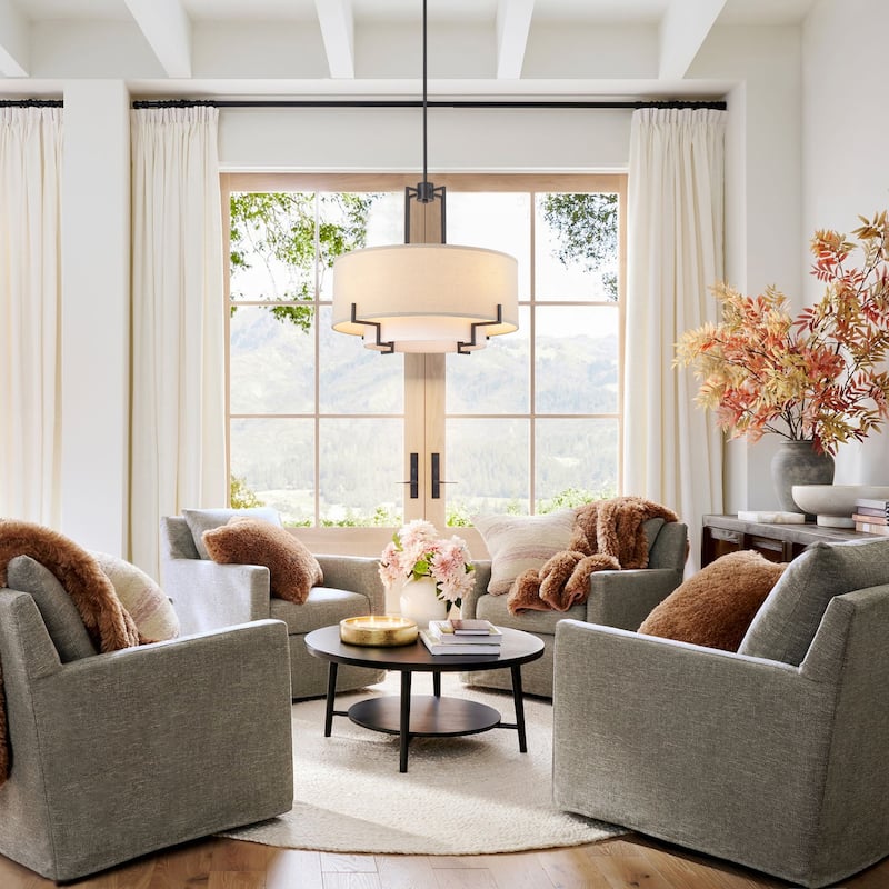 4-Light Farmhouse Modern Oil-Rubbed Bronze Fabric Drum Pendant Light - 25 in. W x 22.6 in. H