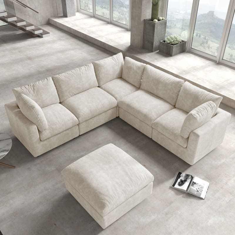 Living Room Corner Sofa Minimalist Upholstered Cushion Sofa Chenille Modular Sectional Couch with Ottoman