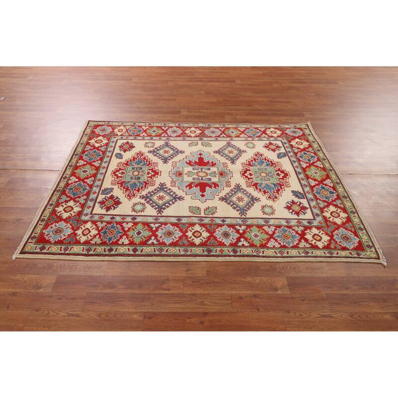Geometric Beige / Ivory Kazak Oriental Area Rug Handmade Wool Carpet - 4'2" x 5'7"