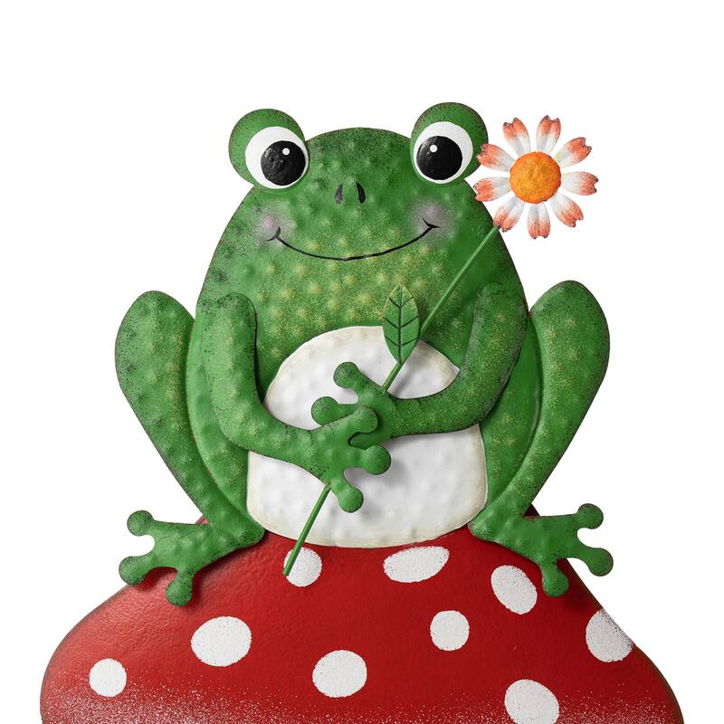 Glitzhome Metal/Wood Frog Stacked Mushroom Welcome Sign Yard Stakes Garden Wall Decor