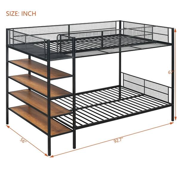 dimension image slide 1 of 2, Twin Over Full Metal Bunk Bed with 5-Tier Shelves, Heavy Duty Bunk Bed Frame with Built-In Stairs & Mesh Guardrails