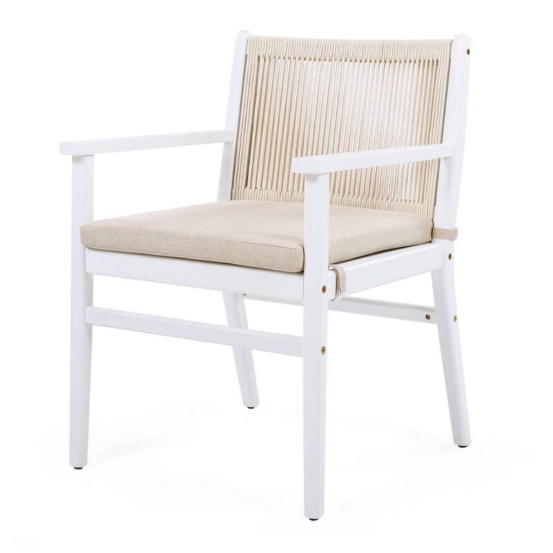 Outdoor Dining Chairs Set of 2, Acacia Wood Patio Armchair with Rope Design Back and Water Repellent Cushion, White Frame