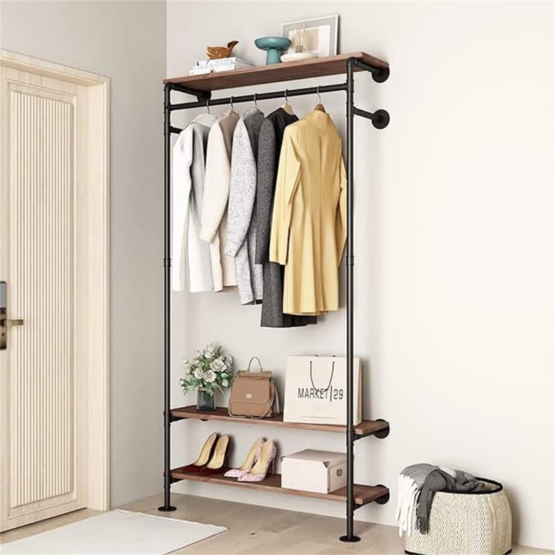 Industrial Pipe Clothing Racks with White Shelves - 9.8"D x 39.3"W x 80.8"H