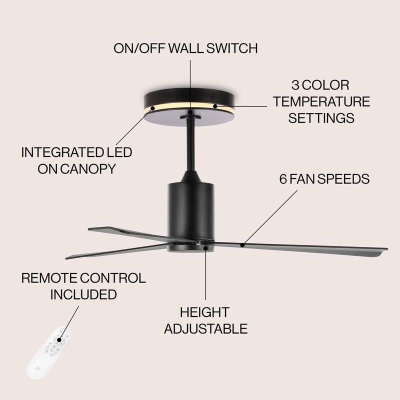 Blair 52" 1-Light Contemporary Minimalist 6-Speed Iron Height Adjustable Integrated LED Ceiling Fan with Remote, by JONATHAN Y