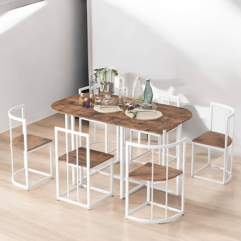Modern 7-Piece Dining Set with Faux Marble 55" Compact Table and 6 Triangular Chairs for Small Spaces and Dining Room - White+Cherry